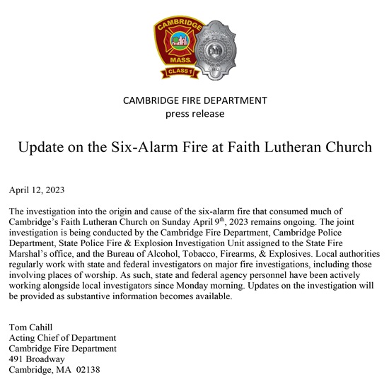Update on investigation of the six-alarm fire at Faith Lutheran Church on April 9, 2023