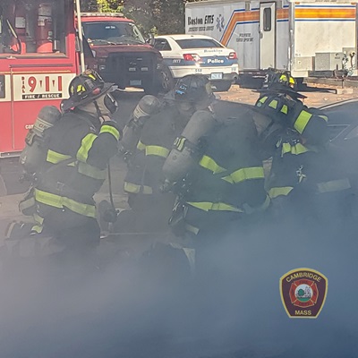 Cambridge Fire companies training in Brookline