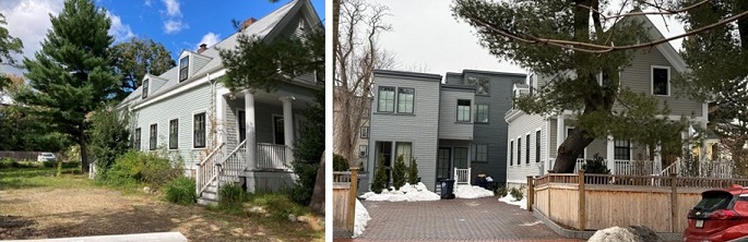 Two side-by-side photographs of 123 Hancock Street Cambridge showing before and after renovation and new construction on the lot.