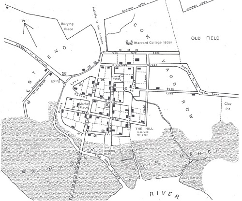Reconstructed map of the village of Old Cambridge ca 1635