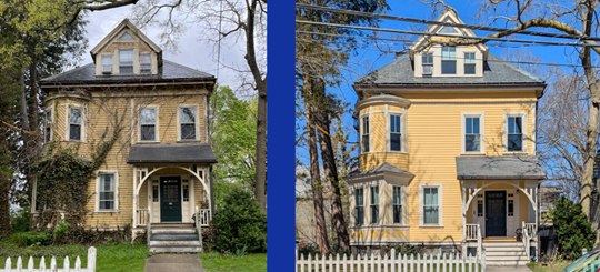 On the left is the before photo of a Cambridge home on 29 Maple Avenue before it was updated and preserved as shown on the right side.