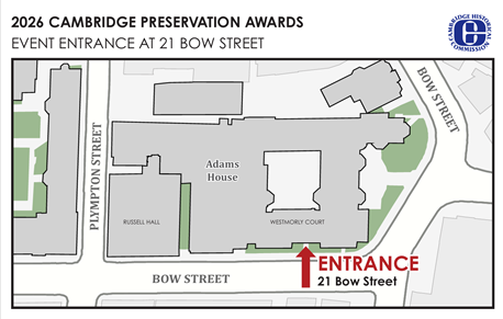 site map showing entrance to Adams House at 21 Bow St Cambridge