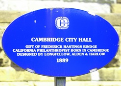 Blue oval historic marker for Cambridge City Hall