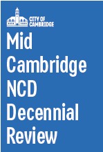 Blue title box with an image of city hall and the title, Mid Cambridge NCD Decennial Review, in white letters.