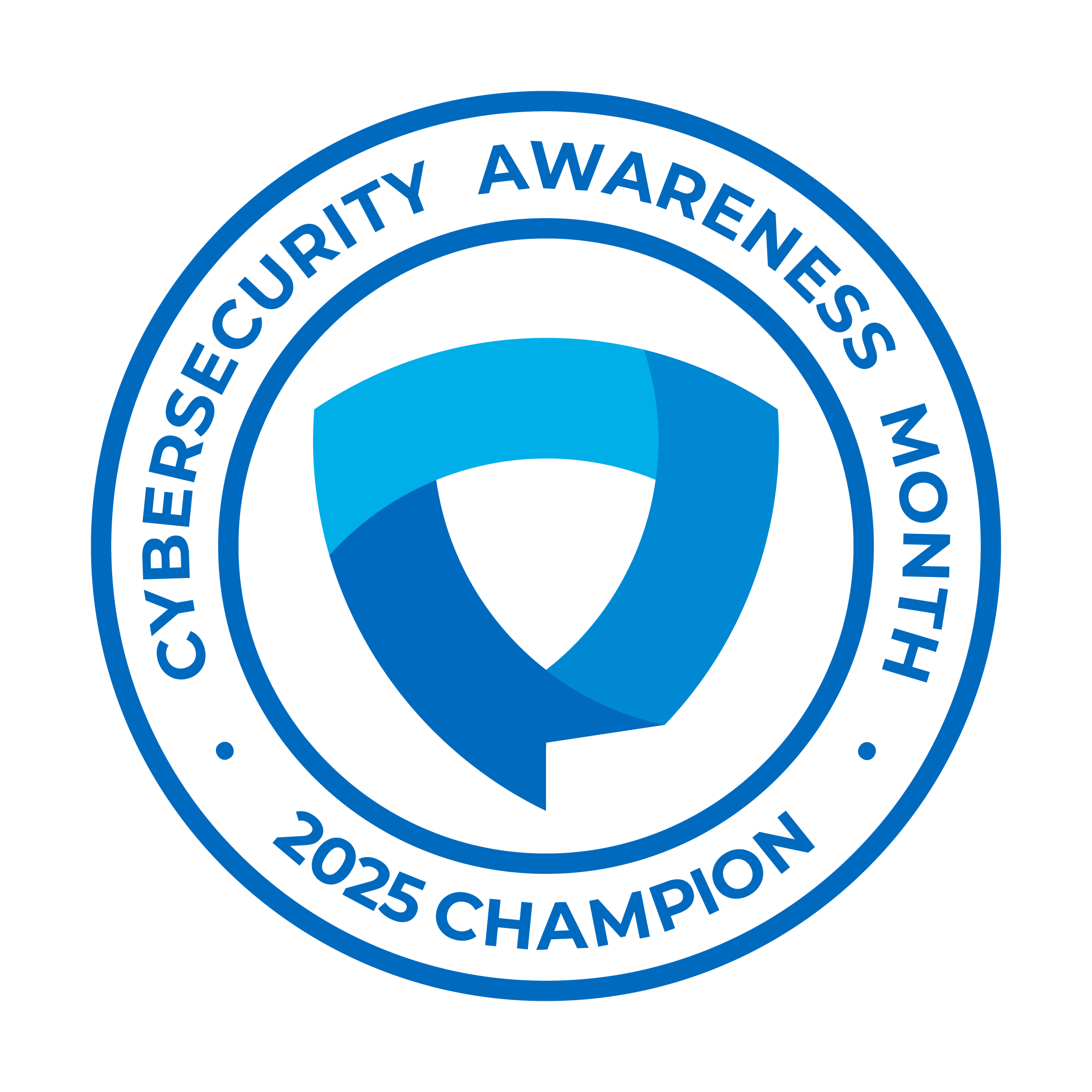 A blue circular seal with a stylized shield in the middle and the words 'Cybersecurity Awareness Month 2025 Champion' circling the shield