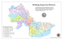 Map of Cambridge's building inspection districts including the name of the inspector assigned to each district