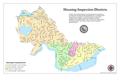 Map of Cambridge's housing inspection districts including the name of the inspector assigned to each district