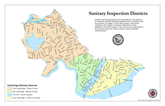 Map of Cambridge's sanitary inspection districts including the name of the inspector assigned to each district