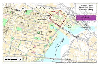 Map of Cambridge Crossing with the area where public consumption can be occur between 11 a.m. to 11 p.m. on July 9 (only). Alcohol has to be purchased from approved establishments in those zones. No outdoor alcohol is permitted.