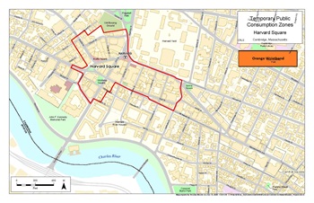 Harvard Square Map Map of Harvard Square with a red line that marks the area where public consumption can be occur between 11 a.m. to 11 p.m. June-July. Alcohol has to be purchased from approved establishments in those zones. No outdoor alcohol is permitted.