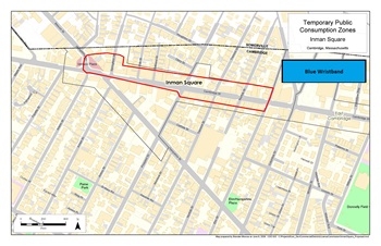 Inman Square Map Map of Inman Square with a red line that marks the area where public consumption can be occur between 11 a.m. to 11 p.m. June-July. Alcohol has to be purchased from approved establishments in those zones. No outdoor alcohol is permitted.