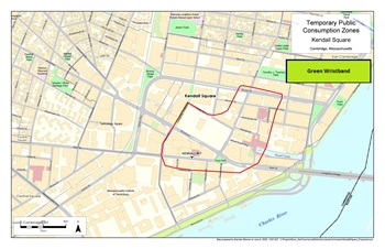 Kendall Square Map Map of Kendall Square with a red line that marks the area where public consumption can be occur between 11 a.m. to 11 p.m. June-July. Alcohol has to be purchased from approved establishments in those zones. No outdoor alcohol is permitted.