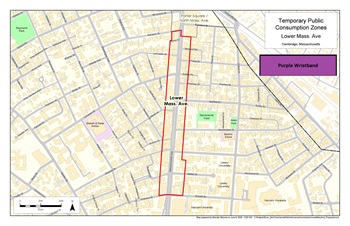 Lower Mass Map Map of Lower Mass Ave social district with a red line that marks the area where public consumption can be occur between 11 a.m. to 11 p.m. June-July. Alcohol has to be purchased from approved establishments in those zones. No outdoor alcohol is permitted.