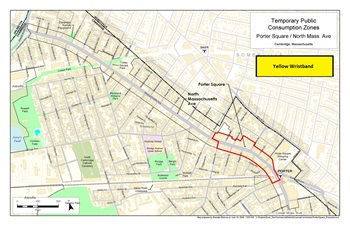 Porter Square Map Map of Porter Square with a red line that marks the area where public consumption can be occur between 11 a.m. to 11 p.m. June-July. Alcohol has to be purchased from approved establishments in those zones. No outdoor alcohol is permitted.
