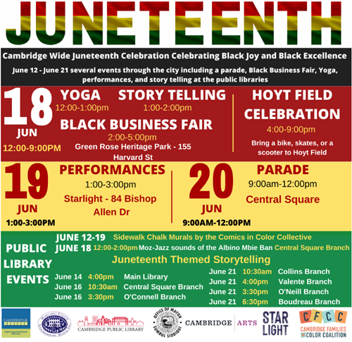 Juneteenth Poster with events on the 18th, 19th, 20th of June. All events are listed in the text next to the picture.