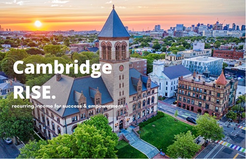 Picture of City Hall with the words "Cambridge RISE"