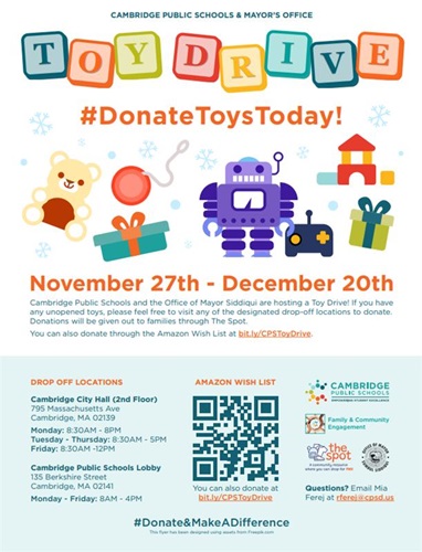 Cambridge Public Schools and Mayor Siddiqui are hosting a Toy Drive