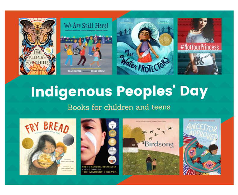 Indigenous peoples' day poster for children and teens with pictures of books