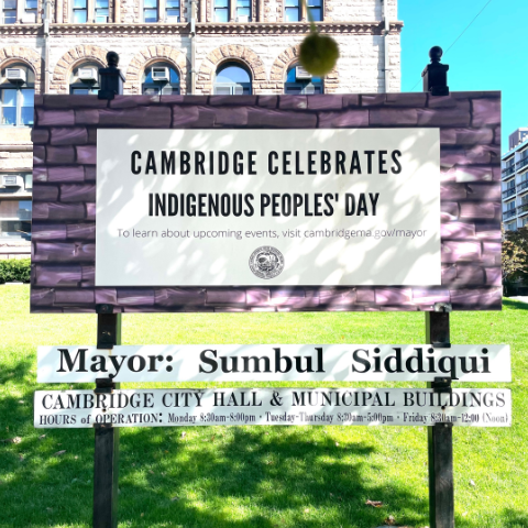 Sign outside City Hall showing that Cambridge celebrates indigenous peoples' day