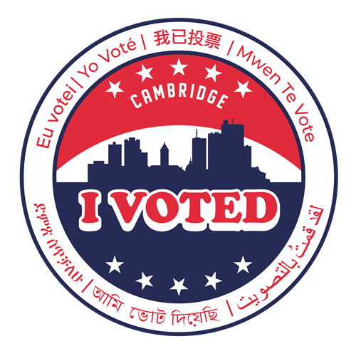Picture of Cambridge's "I voted" sticker that includes the words "I voted" in 8 languages