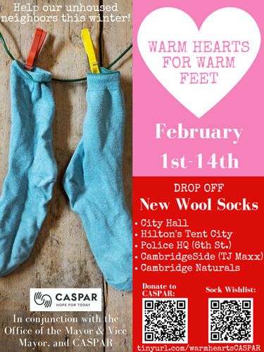 Picture of socks with Warm Hearts Warm Feet written in a heart. Feb 1-14th with links to the pages to donate.