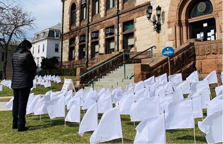 Photo of the 121 white flag memorial on the lawn of City Hall