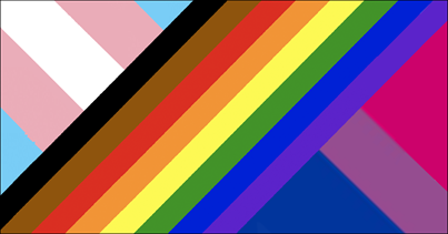 Combined image of the people of color pride flag, transgender flag, and bisexual flag