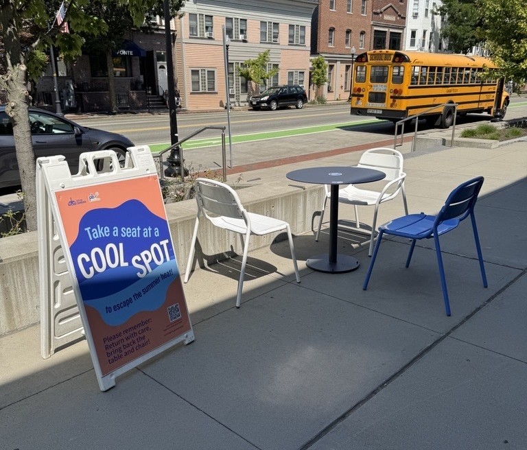 Chairs and tables outside the Valente branch library