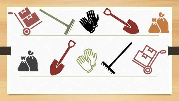 An assortment of icons showing outdoor tools like shovels, rakes, gloves, and trash bags.