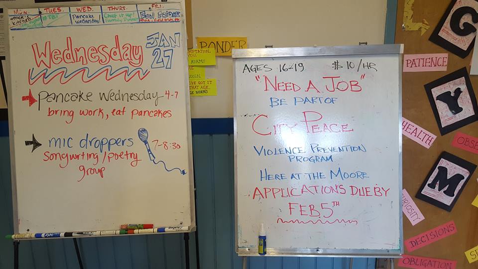 Whiteboards showing events at the Moore Youth Center