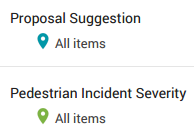 Map key - blue pins are proposal suggestions, green pins are pedestrian incident severity