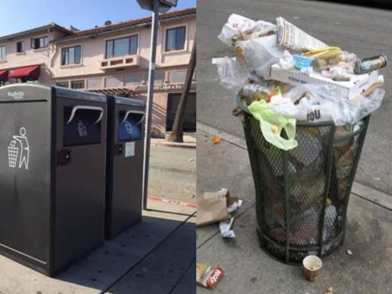 Collage of two photos, one of a pair of Big Belly trash and recycling compactors, and the other of an overflowing traditional trash can