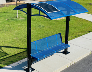 A bench with an attached canopy.  The canopy has a small solar panel on the top.