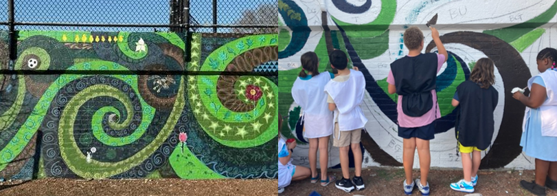 An image of the pemberton street mural. The left side displays the completed mural, while the right side displays young community members working on painting the mural.