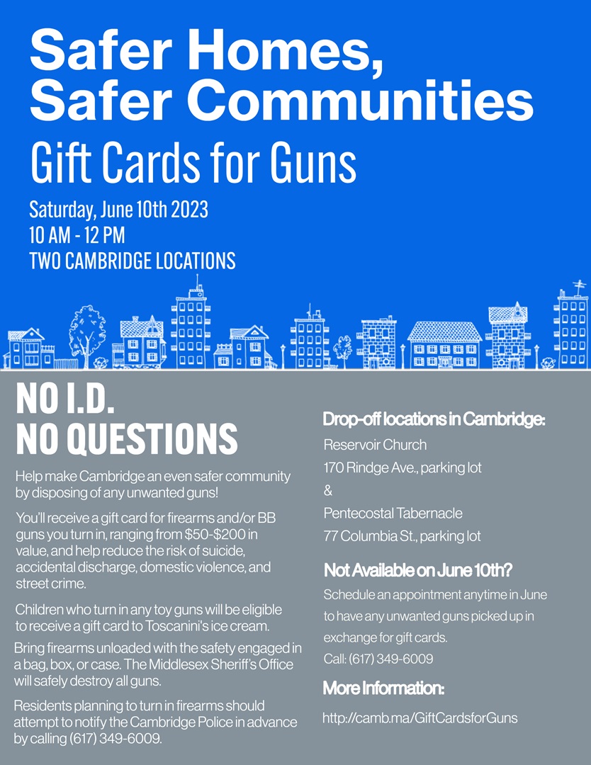 8th Annual Cambridge Safer Homes, Safer Community Gift Cards for Guns Day to Take Place