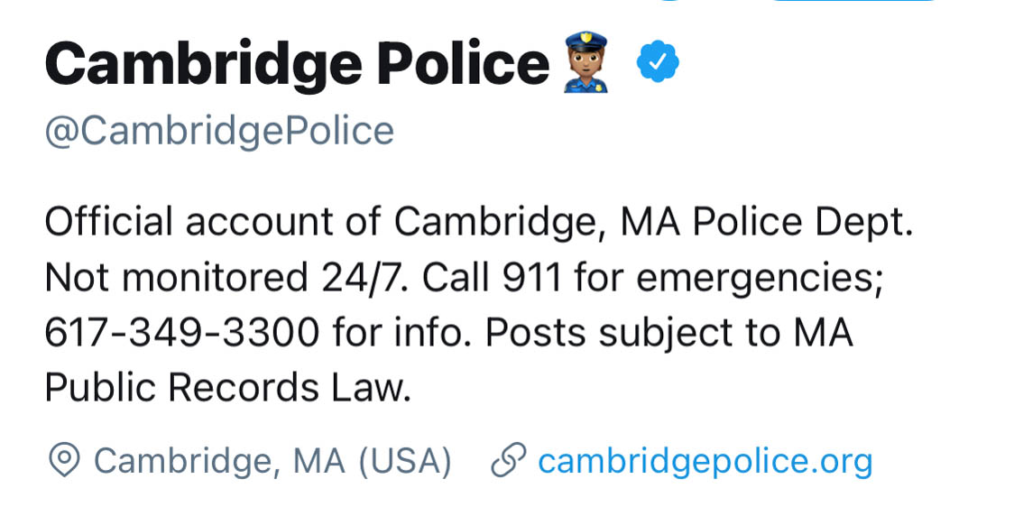 Screenshot of Cambridge Police Twitter profile