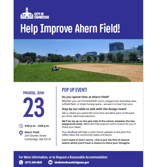 Help Improve Ahern Field Pop Up Event Flyer