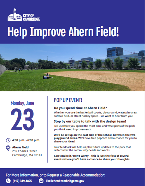 Help Improve Ahern Field Pop Up Event Flyer