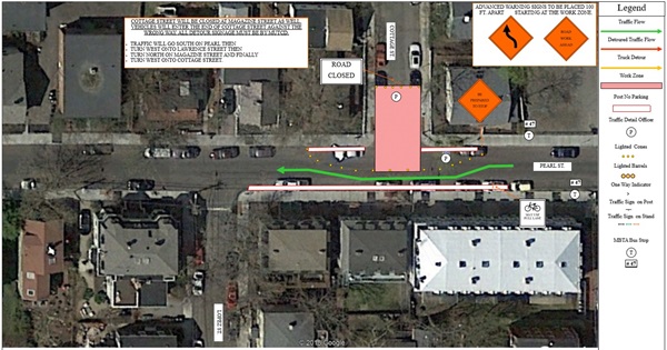 Traffic detour route on Pearl Street