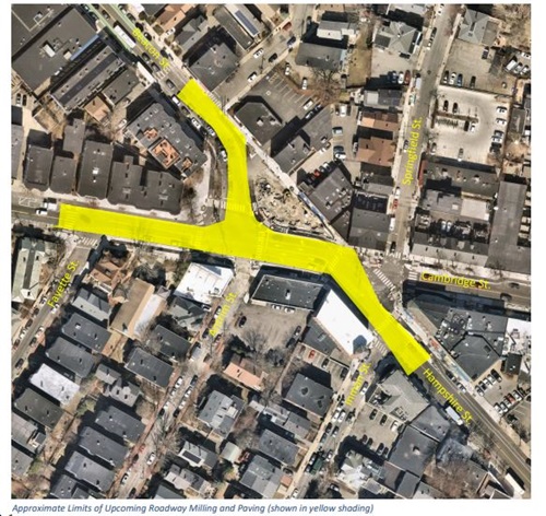 Map of approximate limits of upcoming milling and paving in Inman Square
