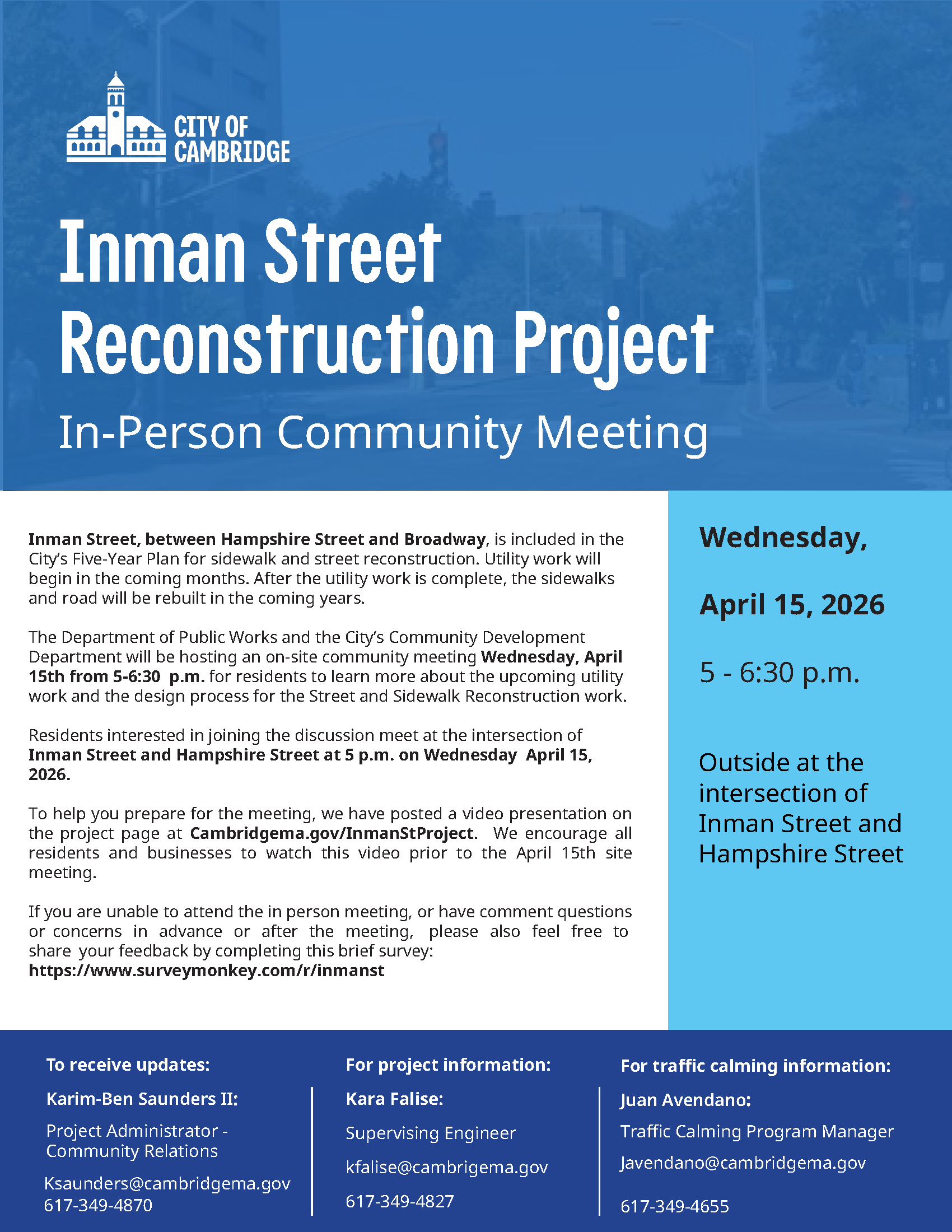 Inman Street In-Person Community Meeting Flyer