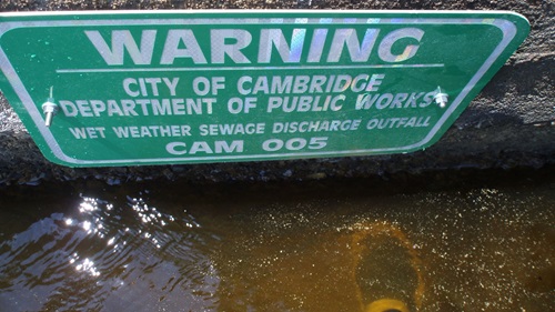 Sign indicating the CAM 005 Combined Sewer Discharge location