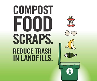 Composting graphic, "Compost food scraps, reduce trash in landfills"