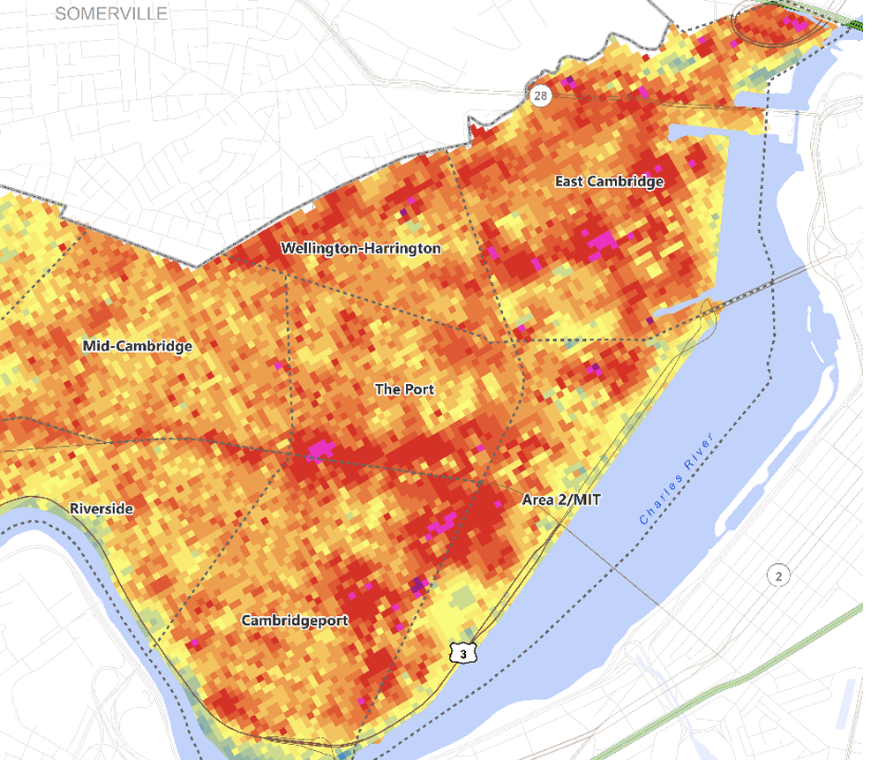 A map of Cambridge showing which areas are hottest and where to find shade, with a link in the caption to a StoryMap on those subjects.