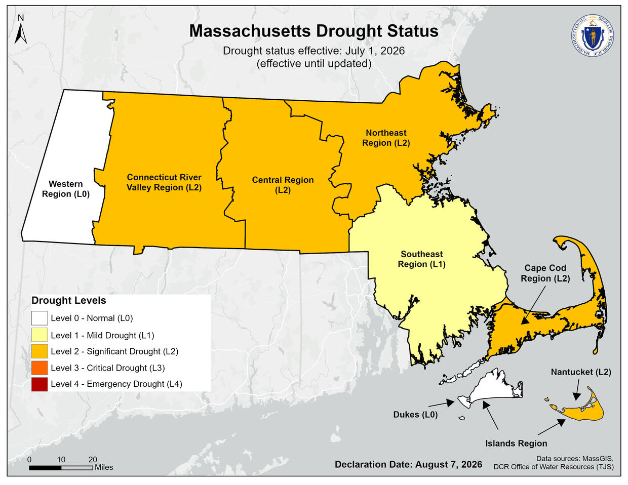 Drought Status - August 2026 with a map of Cambridge and shades of orange and yellow indicating severity of the drought.