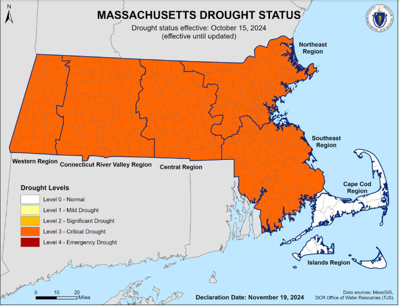 Massachusetts drought status map from November 19, 2024