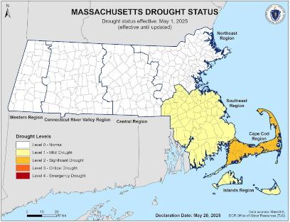 Massachusetts drought status map from May 20, 2025