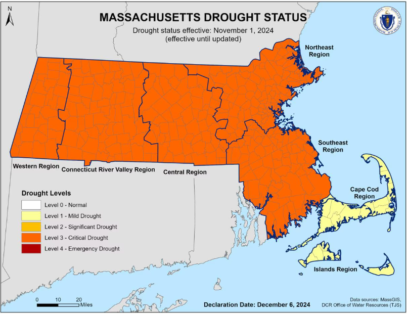 Massachusetts drought status map from December 6, 2024
