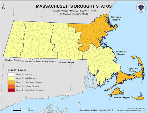 Massachusetts drought status map from April 9, 2025