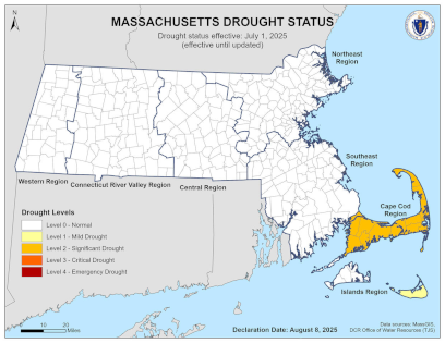 Massachusetts drought status map from August 8, 2025